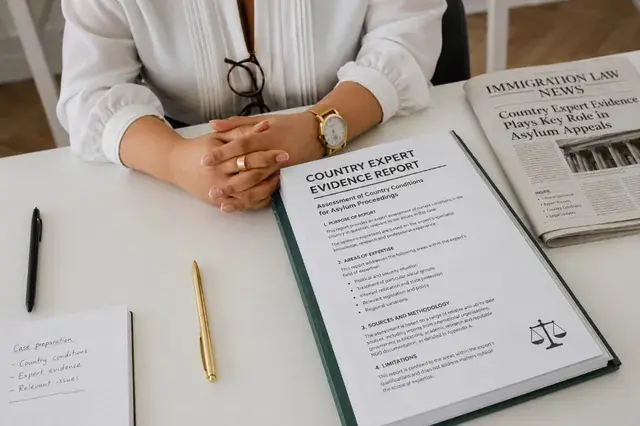 Country expert evidence report on a desk alongside immigration law news and case preparation notes