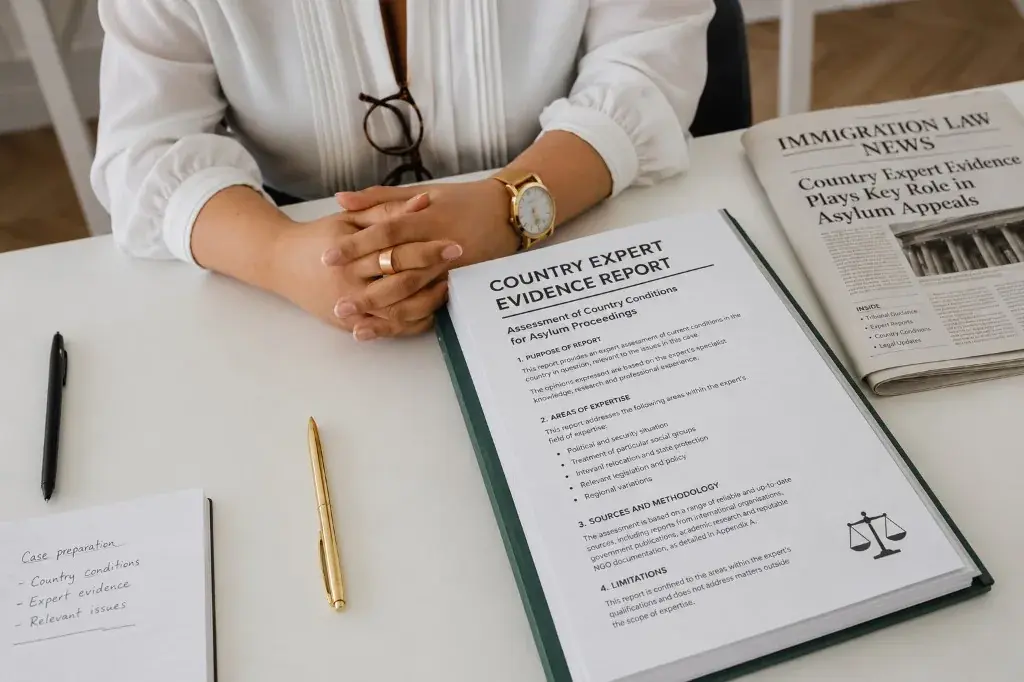 Country expert evidence report on a desk alongside immigration law news and case preparation notes